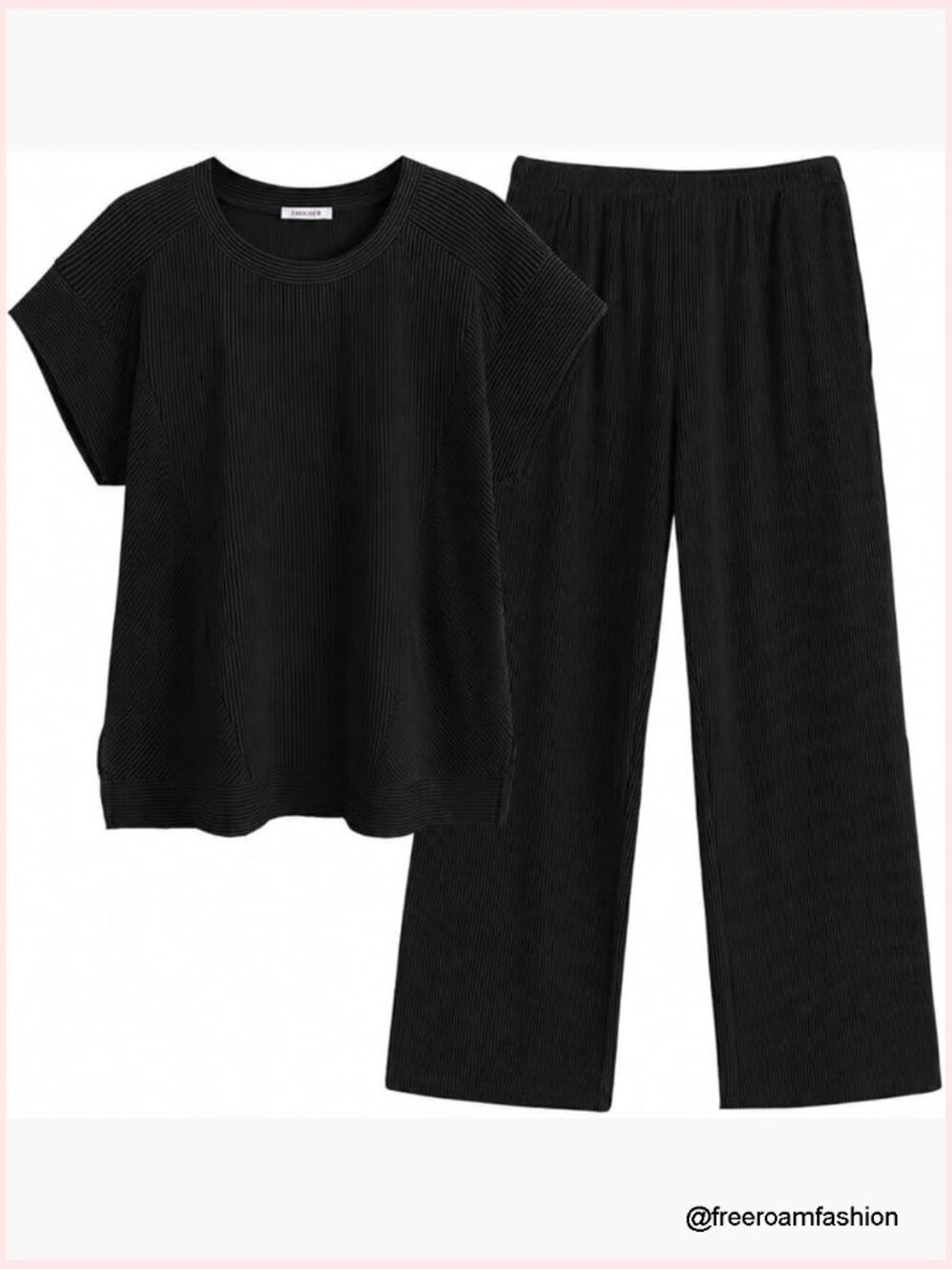 Ribbed Knit Two Piece Set Short Sleeve Top Wide Leg Pants Travel Outfits